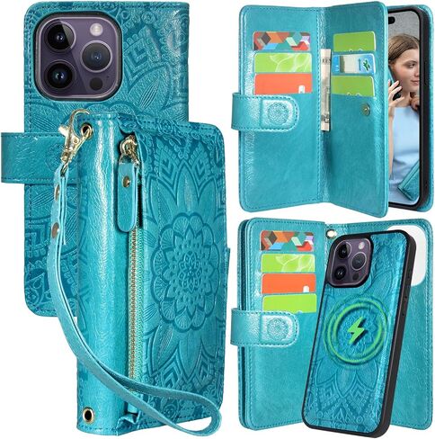 Harryshell for iPhone 14 Pro Max Detachable Magnetic Case Wallet,Compatible with Magsafe Wireless Charging, [Theft-Scan Blocking] Card Slots, Cash Zipper Pocket Wrist Strap (Floral Black) in Saudi Arabia