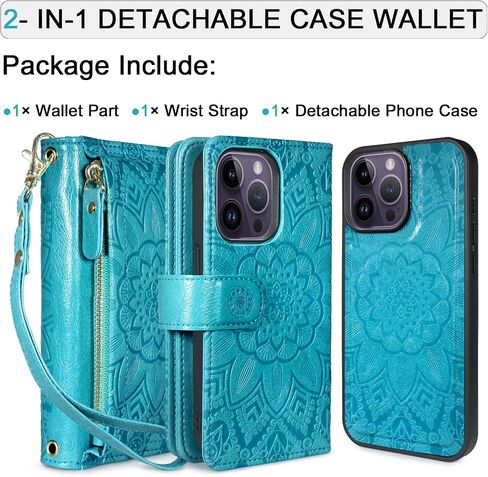 Harryshell for iPhone 14 Pro Max Detachable Magnetic Case Wallet,Compatible with Magsafe Wireless Charging, [Theft-Scan Blocking] Card Slots, Cash Zipper Pocket Wrist Strap (Floral Black) in Saudi Arabia