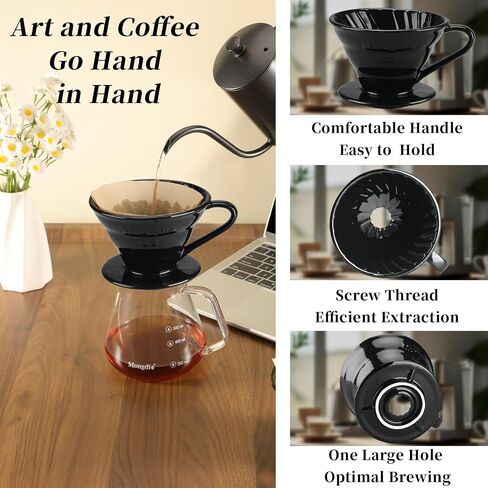 Mongdio Pour Over Coffee Maker, Ceramic Pour Over Dripper, Coffee Pour Over with 3 Holes Flat Bottom, Coffee Accessories for Home, Size 02 Black in Kuwait