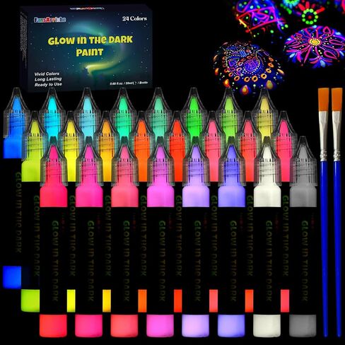 FansArriche Glow in the Dark Fabric Paints, 18 Colors x 20 ml 3D Waterproof Acrylic Textile Paint Markers, Glow in Dark Paint Pen, DIY Neon Fabric Paints for Clothes, Canvas in Saudi Arabia