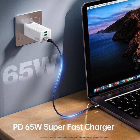 Bwine 65W USB C Charger, 3-Port GaN Wall Charger with 4 ft USB-C Cable Cord, Compatible with Drone, iPhone 16/Pro,Galaxy S24,Note 20/10+, iPad and More,White in Saudi Arabia