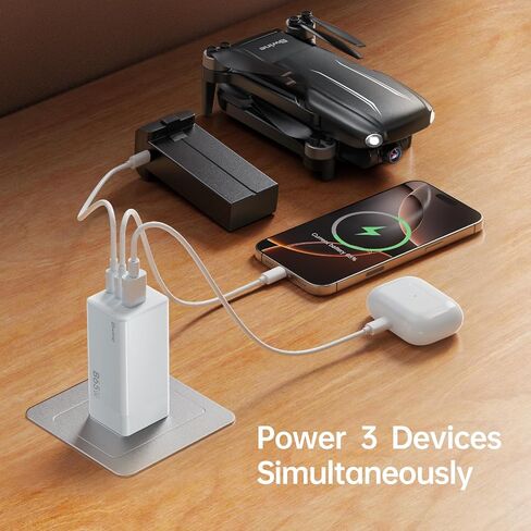 Bwine 65W USB C Charger, 3-Port GaN Wall Charger with 4 ft USB-C Cable Cord, Compatible with Drone, iPhone 16/Pro,Galaxy S24,Note 20/10+, iPad and More,White in Saudi Arabia