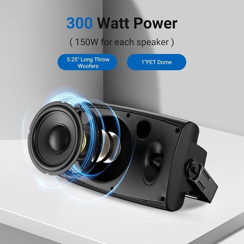 Herdio 5.25 Inches 300 Watts Outdoor Bluetooth Speakers, Bluetooth 5.3,TWS Stereo Paring,Wall Mount Speaker System Waterproof Suitable for Patio Home Poolside Deck Backyard (Pair, Black) in Kuwait
