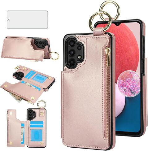 Asuwish Phone Case for Samsung Galaxy A13 4G/5G with Tempered Glass Screen Protector Cover and Cell Stand Zipper RFID Card Holder Kickstand Ring Wallet A04s M13 G5 A 13 LTE 13A 2022 Women Dark Purple in Saudi Arabia