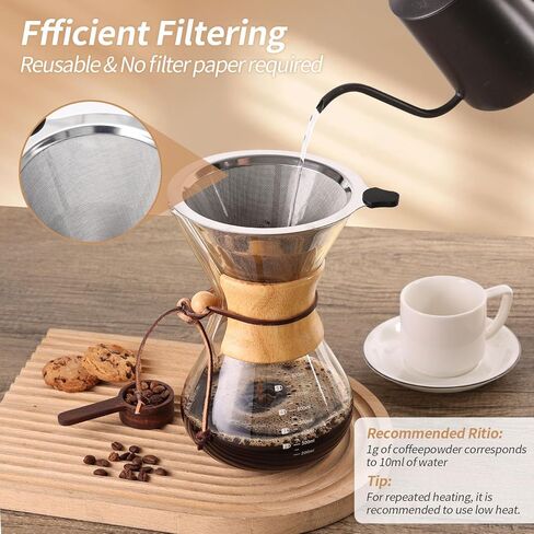 Pour Over Coffee Maker 27 OZ, 8 Cup Borosilicate Glass Drip Coffee Maker with Reusable Stainless Steel Filter and Cork Grip for Home Café 800 ML in Saudi Arabia