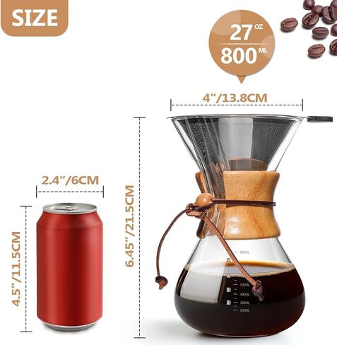 Pour Over Coffee Maker 27 OZ, 8 Cup Borosilicate Glass Drip Coffee Maker with Reusable Stainless Steel Filter and Cork Grip for Home Café 800 ML in Saudi Arabia