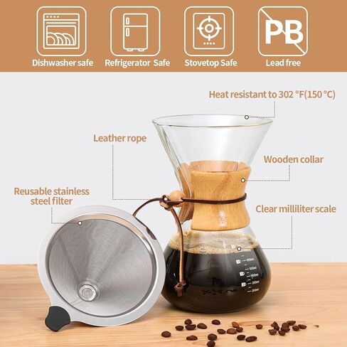 Pour Over Coffee Maker 27 OZ, 8 Cup Borosilicate Glass Drip Coffee Maker with Reusable Stainless Steel Filter and Cork Grip for Home Café 800 ML in Saudi Arabia