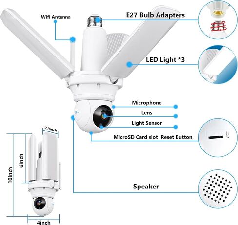 ضوء جراج LED مع كاميرا لاسلكية، كاميرا أمان 2 في 1 قابلة للتعديل مع مقبس E26 للكشف عن الإنسان الذكي AI مع قابس وسلك 32.8 قدم، مستشعر حركة، صوت ثنائي الاتجاه، رؤية ليلية ملونة in Saudi Arabia