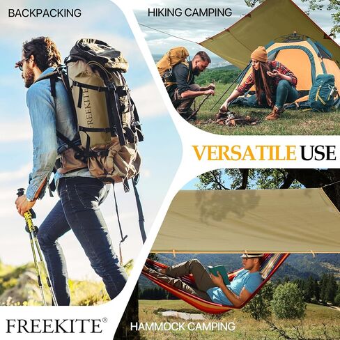 Camping Tarp Tent Portable Multifunctional Bushcraft Backpacking Tear-Resistant Fabric Rain Fly Tarps Awning Shelter Lightweight Waterproof Tarp(10×10 tarp) in Kuwait