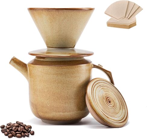 Pour Over Coffee Maker Set,with Lid and V60 Paper Coffee Fliters 20 Counts,High Heat Resistant Vintage Coffee Carafe Dripper Set for Home Café Restaurant Camping Hiking,34 Oz(Yellow) in Kuwait