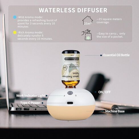 Rechargeable Waterless Essential Oil Diffuser - 2 Mist Modes Battery Operated Waterless Diffusers with 2 Essential Oils Set (30ml) - 8 Hours Automatic Shutdown Diffusers in Saudi Arabia