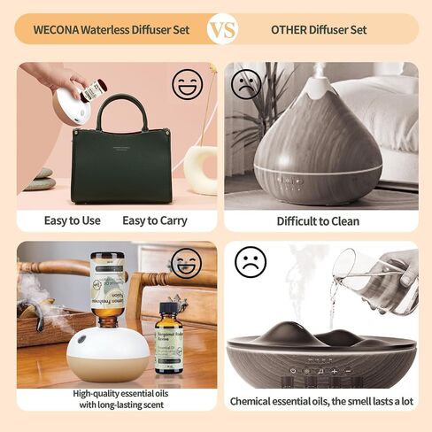 Rechargeable Waterless Essential Oil Diffuser - 2 Mist Modes Battery Operated Waterless Diffusers with 2 Essential Oils Set (30ml) - 8 Hours Automatic Shutdown Diffusers in Saudi Arabia