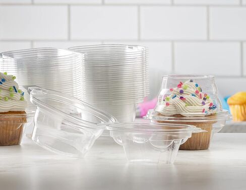 Prestee 50 Individual Single Cupcake Containers, Boxes, Holders - Stackable, With Connected Airtight Deep Dome Lid, BPA-Free, Individual Cupcake Containers in Saudi Arabia