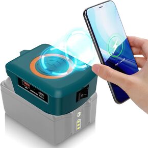 Wireless Charger Adapter,for Milwaukee 18V M18 Battery,15W Max Wireless Charging Adapter for iPhone for Cell Phone,with USB-A&USB-C 2.1A Fast Charge Ports,Wireless Chargers Using Tool Battery