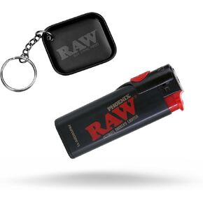 RAW Phoenix Black Classic Lighter - Refillable with Built-in Poker - Sleek, Durable & Wind-Resistant + Exclusive for ESD Mini Black Rolling Tray Keychain - No Gas Included