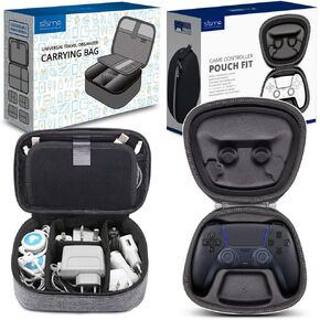 sisma Charging Cords Chargers Travel Organizer (Grey) + PS5 DualSense Wireless Controller Travel Case (Black)