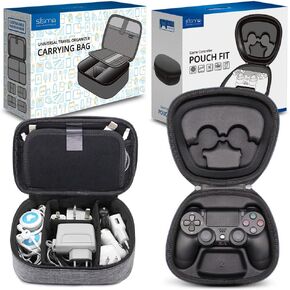 sisma Charging Cords Chargers Battery Travel Organizer (Grey) + PS4 DualShock 4 Wireless Controller Travel Case (Black)