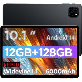 Android Tablet, 10.1 inch Android 14 Tablet, Octa-core CPU, 2 Years Protection, RAM 12GB, ROM 64GB (Up to 2 TB), 800x1280 Resolution, WiFi 6 & Bluetooth 5.4, Dual Speakers, 5MP+8MP, 6000mAh, Black