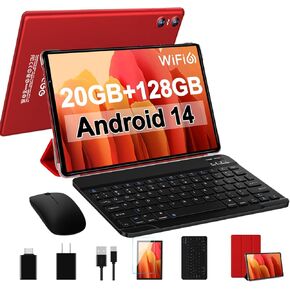 Android 14 Tablet 10.1 inch Tablets,20GB RAM 128GB ROM 1TB Expand,Octa-Core Processor,Dual Camera,WiFi 6,Bluetooth 5.0,6000mAh Long Battery Life with Keyboard/Mouse-Red