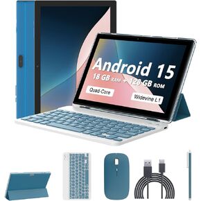 Android 15 Tablet 10 Inch, 18GB RAM+128GB ROM/2TB Expandable Tablet, 2 in 1 Tablets with Keyboard Case Mouse Stylus, 2.0GHz Quad-core CPU, 1280*800 IPS HD Screen, 5G WiFi6 BT 5.0, 8MP Camera Tablet PC
