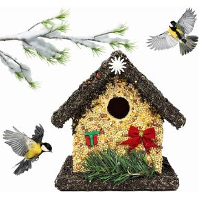 Handmade Edible Birdhouse- Unique Wooden Birdhouse Covered w/Birdseed- Reseedable Bird Feeder-Made in USA- Holiday Design! (SD)