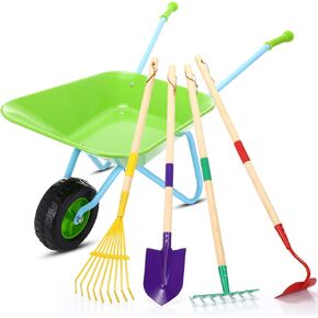 5 PCS Kids Kids Gardening Set تشمل أطفال Wheelbarrow Metal Small Toddler Wheelbarrow Wagon مع 4 قطع أطفال ، أشعل النار ، مجرفة ، أدوات الحدائق الخشبية للورق للأولاد والبنات