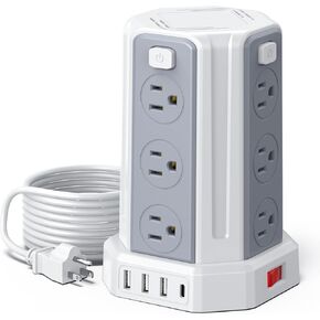 SMALLRT Power Strip Surge Protector, 6.5 Ft Extension Cord with 12 AC Multiple Outlets 4 USB (1 USB C), Power Tower Desktop Charging Station (White, 6.5 FT)