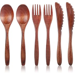 6 Pcs Wooden Utensils for Eating, Wooden Spoon Fork Cutlery Set Kitchen Wood Dinner Flatware Tableware Reusable Wood Spoon, Wooden Forks,Wooden Scraper for Travel and Camping