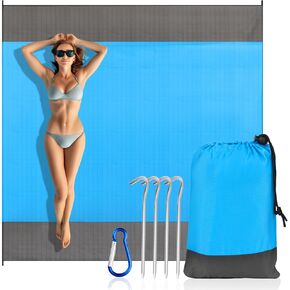 RAINFLOW Large Beach Blanket Sandproof - 1PCS Beach Mat Picnic Blanket for Holiday Traval Beach Vacation Picnic Camping Hiking lightweight with 4 Metal Stakes 1 Drawstring Pocket and 1 carabiner