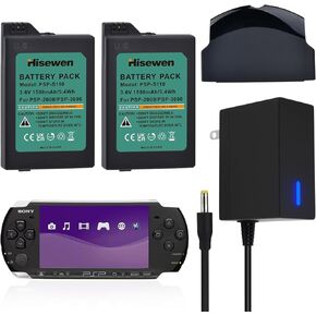 2Pcs PSP 3000 Battery & PSP 2000 Battery with PSP Charger, 1500mAh 3.6V Rechargeable Li-ion Battery + Fast Charger & Battery Back Door Cover for Sony PSP 2000/3000 Series (PSP-2001, 3001, 3004)