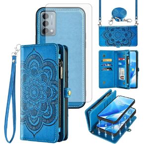 Asuwish Phone Case for OnePlus Nord N200 5G Zipper Wallet Cell Cover with Screen Protector Crossbody Strap Flower Card Holder One Plus N 200 G5 1 Plus 200N 1plus One+ 1+ N2005G 2021 Women Girls Purple