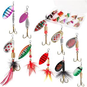 10PCS Rooster Tail Fishing Lures with Tackle Box, Spinner Bait with Flash Copper Body & Spoon, Freshwater and Saltwater Bait for Bass Crappie Walleye Trout, Swimming or Jigging