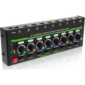 Headphone Amplifier, 8-Channel Mono/Stereo Mixing Audio Splitter Amplifier with DC12V 1A Power Adapter, 1/4" TRS Headphones Output and TRS Audio Input for PC Guitar Studio Stage KTV Home, HA800S Pro