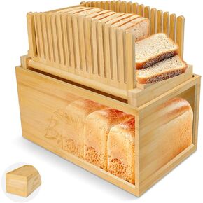 2-IN-1 Bamboo Bread Slicer and Storage Box-Bread Slicer for Homemade Bread with Bread Box,Adjustable Bread Slicing Guide for Homemade,Slice Evenly,Foldable Cutting System with Crumb Tray for Kitchen