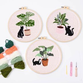 Harimauu Harimau 3 Pcs Punch Needle Embroidery Starter Kits for Beginner Kids,Punch Needle Fabric with Pattern,Threader, Yarns,Pinch Needle, Embroidery Hoops & Rug Punch, 65216+65217+65218 3set