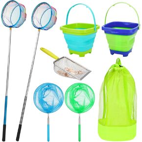 Kids Fishing Net, 2 Pack Telescopic Fishing Net with Handle, Collapsible Kids Bucket Sand Pail, Stainless Steel Foldable Fishing Net Small Fishing Butterfly Net Beach Shovel with Storage Bag