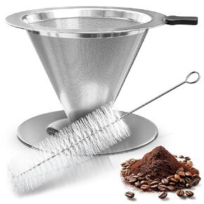 Pour Over Coffee Dripper - 3.18x4.48 Stainless Steel Pour Over Coffee Maker with Wide Secure Base, Convenient Plastic Handle, and Cleaning Brush - for Well-Balanced, Reach and Clean Flavor Paperless