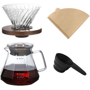 Pour Over Coffee Maker, 20 oz Borosilicate Glass Carafe with 100 pcs V60 Paper Filter, Walnut Handle & Glass Lid, Drip Coffee Maker for Home Café Restaurant Camping, 600 ml, Clear, V60 Kit