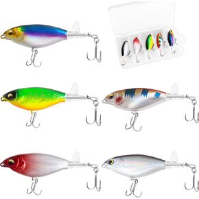 5Pcs Topwater Fishing Lures with Bait Box, Whopper Popper with Rotating Tail Treble Hooks, Plopper Floating Lure for Bass Crappie Walleye Catfish Pike Perch, Freshwater or Saltwater