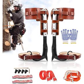 Tree Climbing Spikes Set with Harness Belt, Upgrade Cow Leather Tree Climbing Spikes Height Adjustable Tree Climbing Gear Pole Forging Tree Climbing Tool for Outdoor Activities