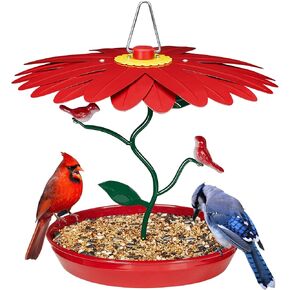 Kingsyard Platform Bird Feeder for Outdoor Hanging - All Metal Wild Bird Feeding Tray with Weatherproof Dome to Attract Cardinal Bluebird & Finch. Red