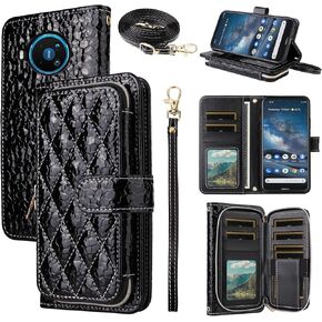 Argyle Wallet Case for Nokia 8.3 5G Nokia 8V G5 UW with Crossbody/Wrist Strap Lanyard Luxury PU Leather Kickstand Zipper Purse Shockproof Card Holder Cell Phone Cover for Nokia8.3 8 V Black