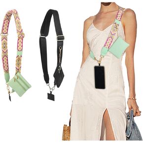 Crossbody Phone Strap with Wallet & Zippered Pouch - 2 Pack Hands-Free Adjustable Clip-On Strap Holder for Secure Phone Carrying
