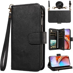for Motorola Edge 2023/Edge 40 5G Wallet Phone Case with Crossbody Lanyard Strap Faux Leather Card Holder Slot Stand Kickstand Men Women Flip Cell Cover for Moto Edge2023 6.6 Brown