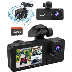 3 Channel Dash Cam,4K+1080P Dash Cam Front and Rear Inside, Dash Camera for Cars, Triple Car Camera with 32GB Card,Built-in G-Sensor, 2’’ IPS Display Car Camera,Loop Recording,24Hr Parking
