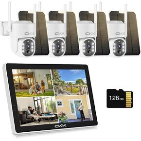 4 Cameras Wireless NVR System with 10in LCD Monitor for Home Security, Solar Camera Outdoor, 2.4G WiFi, 6LED Floodlight, 128G Local Storage, 360° View, Pan/Tilt,99% New-Showpiece