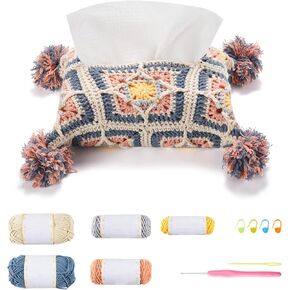Noocro Crochet Kit Granny Square Tissue Holder, Complete DIY Kit with Detailed Instructions, Video Tutorials, for Beginners or Intermediate and Advanced Crocheters