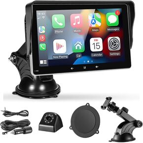 Wireless Apple Carplay Screen for Car, 7" Portable Apple Carplay & Android Auto Car Stereo, Portable Car Stereo Touchscreen with Mirror Link/GPS Navigation/AUX/Voice Control/Bluetooth for All Vehicles