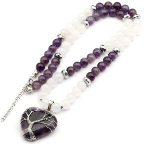 ElisaJewelryArt - Natural Rose Quartz Heart Pendant Selenite And Rose Quartz Stone Beaded Necklace Genuine Gemstone Love Stone Clasp Closure Necklace Unisex Necklace (22, Rose Quartz)