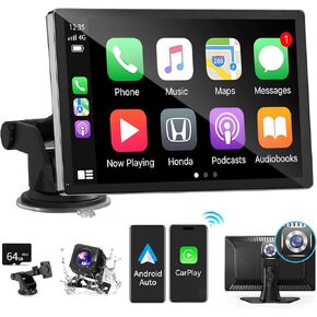 9 inch HD Portable Wireless carplay Screen for car & Android Auto Touchscreen with 4K Dash Cam/1080P Backup Camera/Mirror Link/Navigation/Voice Control/Car Stereo/Drive Play/Bluetooth